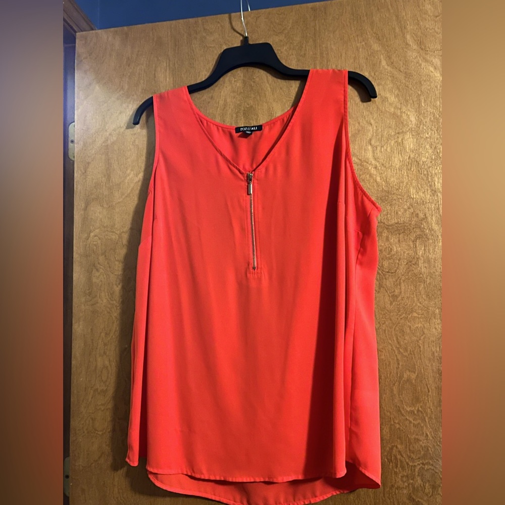 Roz & Ali Hot Orange Tank with Zipper V-neck 2X